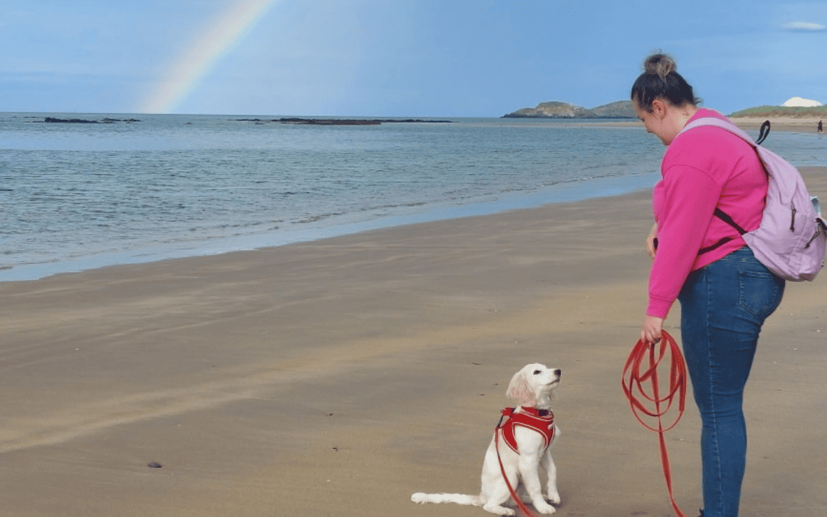 woman standing on the beach under a rainbow. Her puppy is looking at her showing a sign that the dog trusts her.