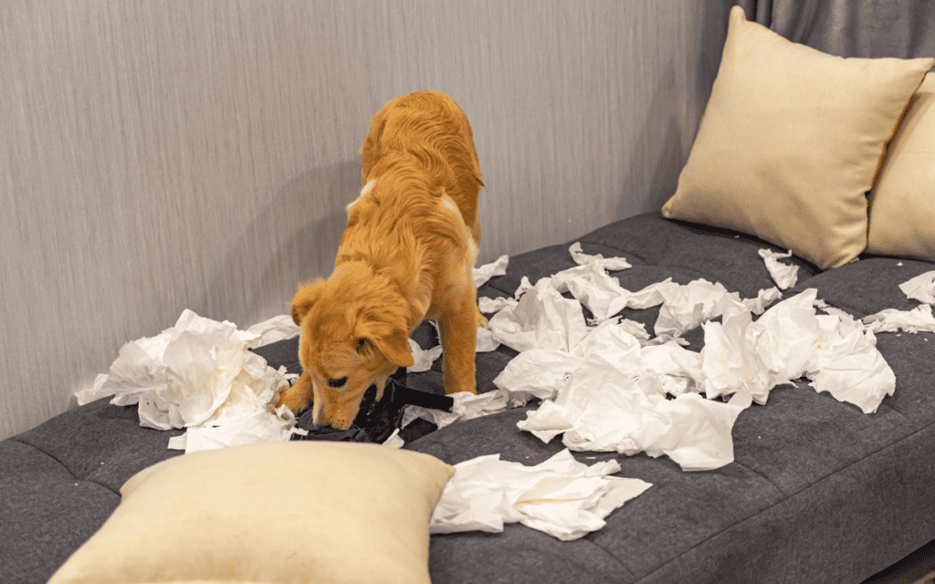 puppy making a mess with shredded toilet roll